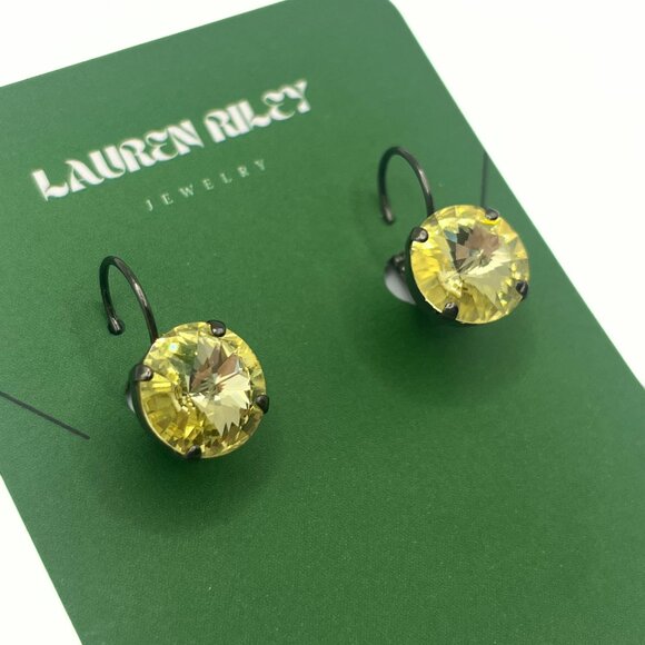 Handcrafted Yellow Swarovski Crystal Drop Earrings - Hematite Plated Nickel-Free - Picture 4 of 4